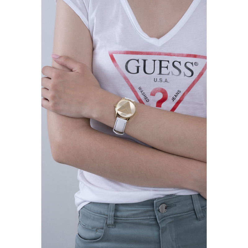 Guess Emblem Leather Gold Round Dial Quartz Analog Women Watch Watch Guess