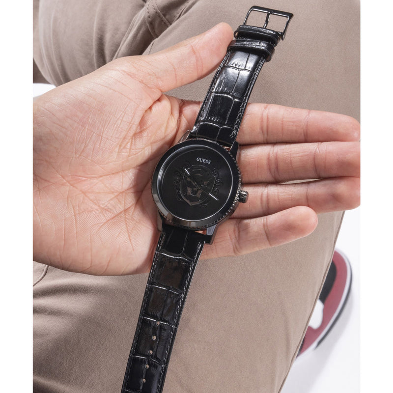 Guess Monarch Leather Black Round Dial Quartz Analog Men Watch Watch Guess
