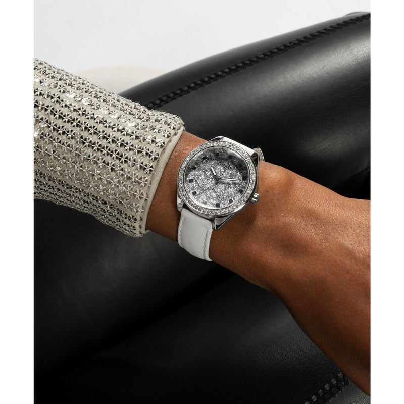 Guess G Gloss Leather Silver Tone Round Dial Quartz Analog Women Watch Watch Guess