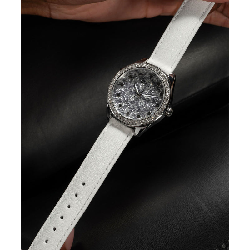 Guess G Gloss Leather Silver Tone Round Dial Quartz Analog Women Watch Watch Guess