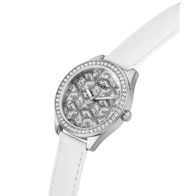 Guess G Gloss Leather Silver Tone Round Dial Quartz Analog Women Watch Watch Guess