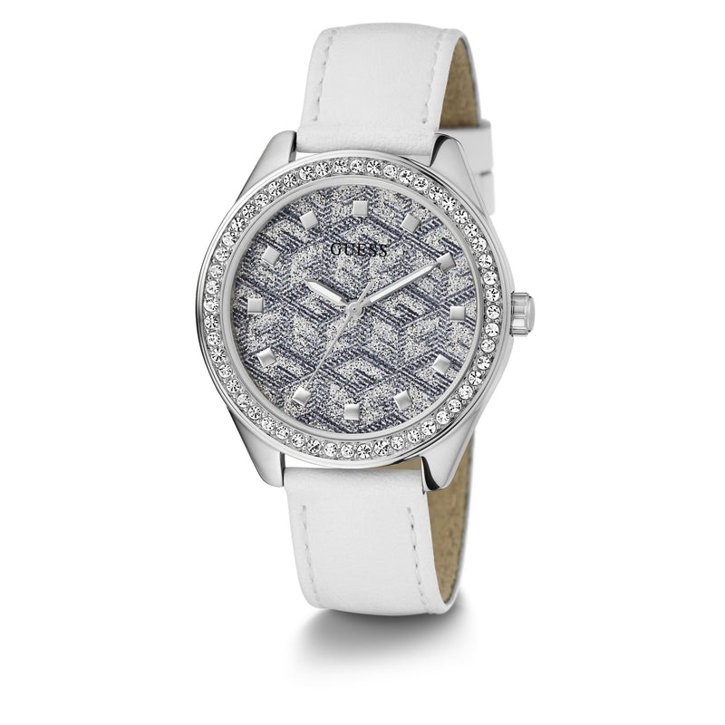 Guess G Gloss Leather Silver Tone Round Dial Quartz Analog Women Watch Watch Guess