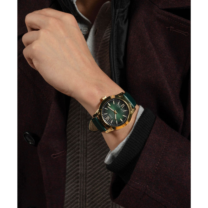 Guess Gbs Crescent Leather Green Round Dial Quartz Analog Men Watch Watch Guess