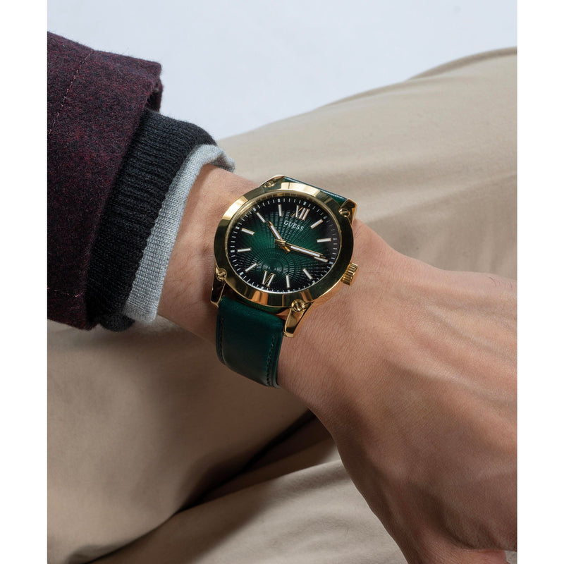 Guess Gbs Crescent Leather Green Round Dial Quartz Analog Men Watch Watch Guess