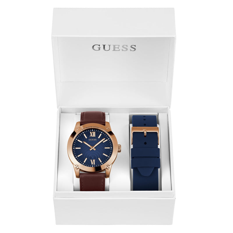 Guess Gbs Crescent Leather Blue Round Dial Quartz Analog Men Watch Watch Guess