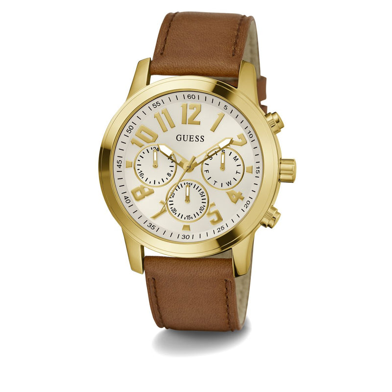 Guess Parker Leather White Round Dial Quartz Analog Men Watch Watch Guess