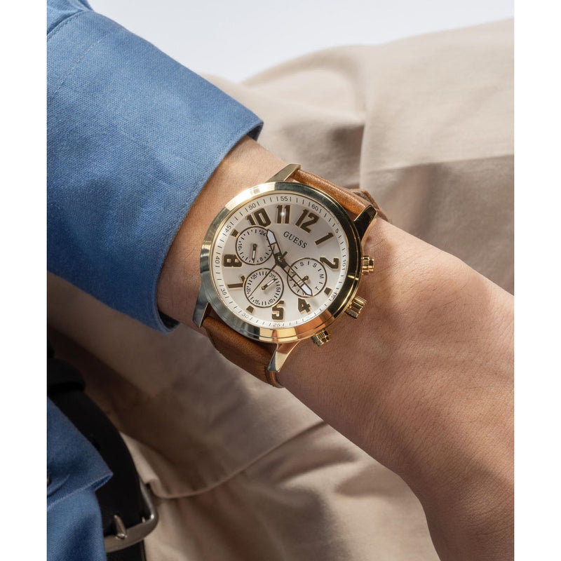 Guess Parker Leather White Round Dial Quartz Analog Men Watch Watch Guess