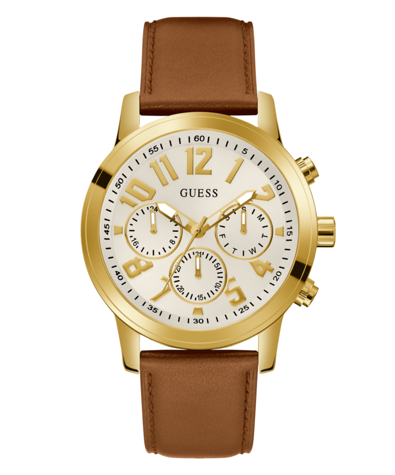 Guess Parker Leather White Round Dial Quartz Analog Men Watch Watch Guess
