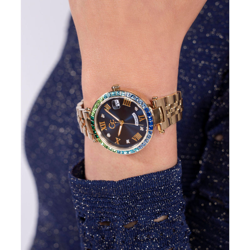 Gc Flair Crystal Blue Round Dial Quartz Analog Women Watch - Guess Collection Watch Gc