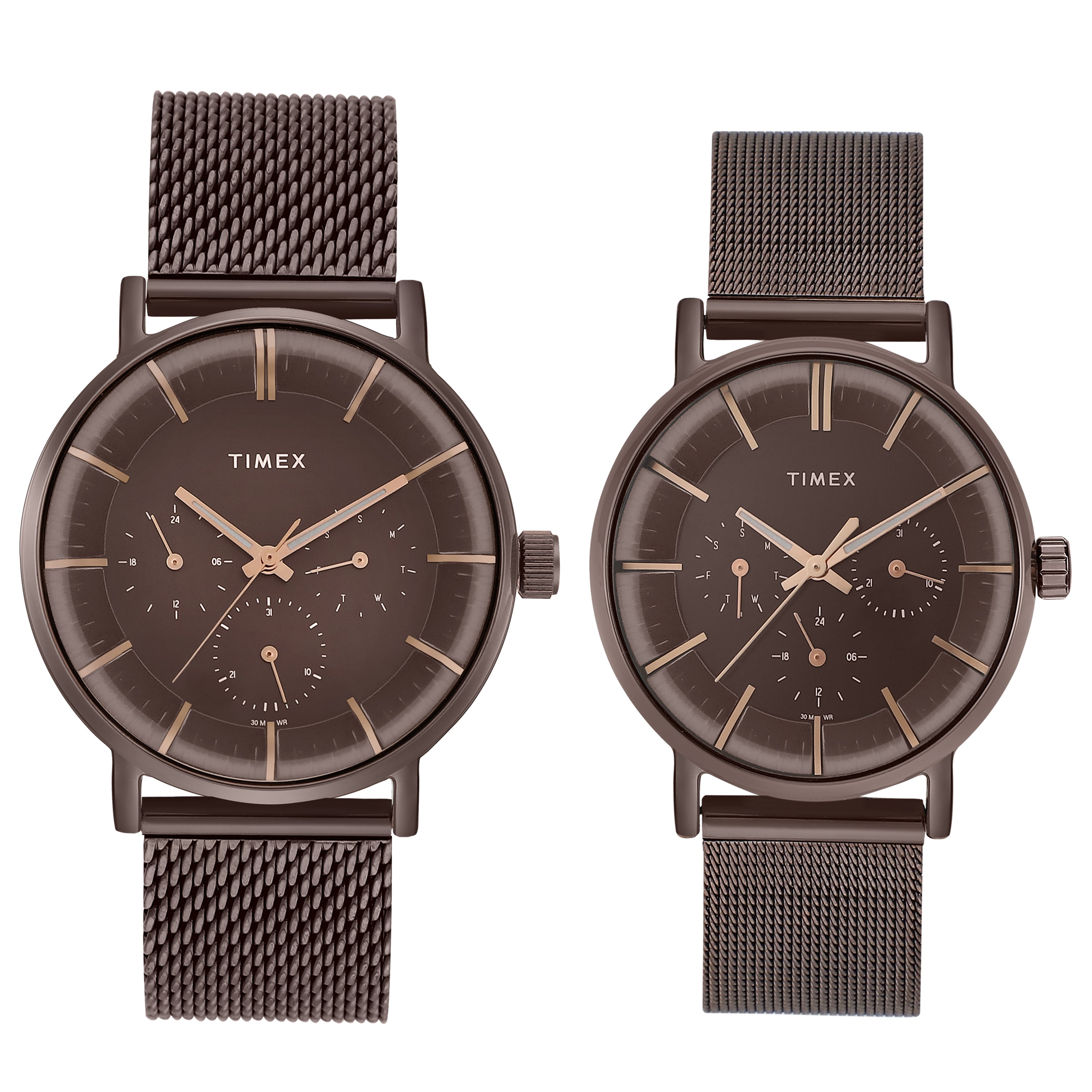 Timex Round 21mm Brown Dial Analog Pair Watch - TW0PRE004 Watch Timex