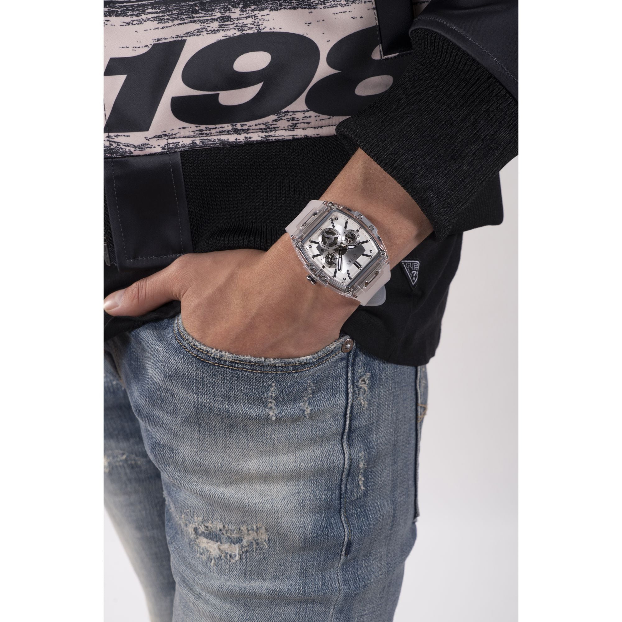 Guess Phoenix Silver Tone Tonneau Dial Quartz Analog Men Watch