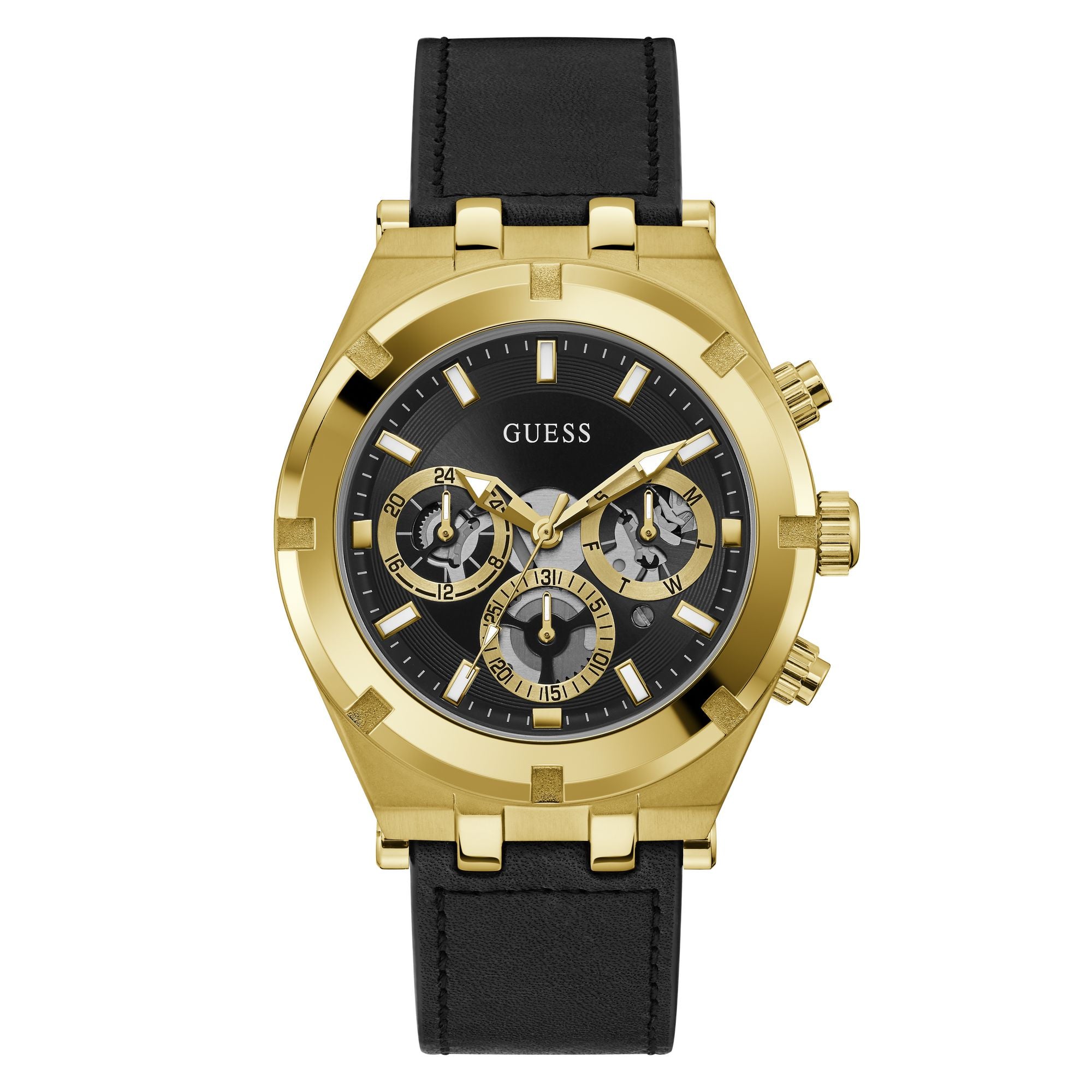 Guess Continental Leather Black Round Dial Quartz Analog Men Watch