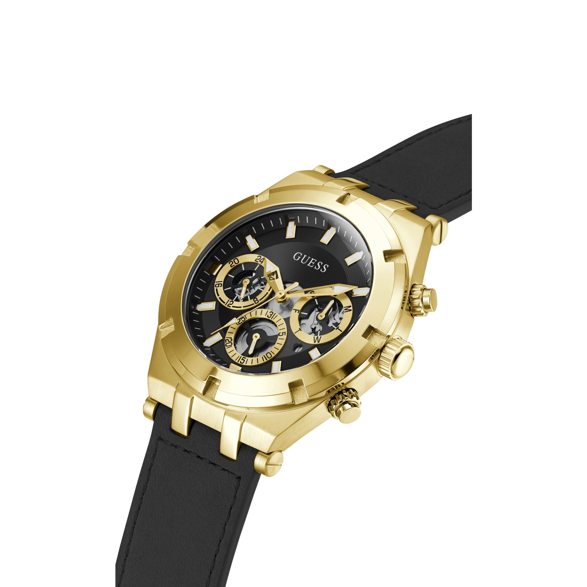 Guess Continental Leather Black Round Dial Quartz Analog Men Watch