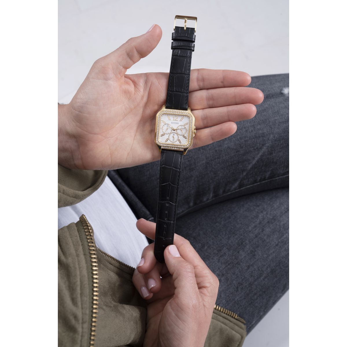 Guess Deco Leather White Square Dial Quartz Analog Women Watch