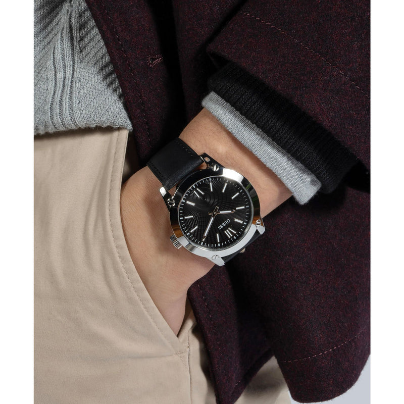 Guess Crescent Leather Black Round Dial Quartz Analog Men Watch Watch Guess