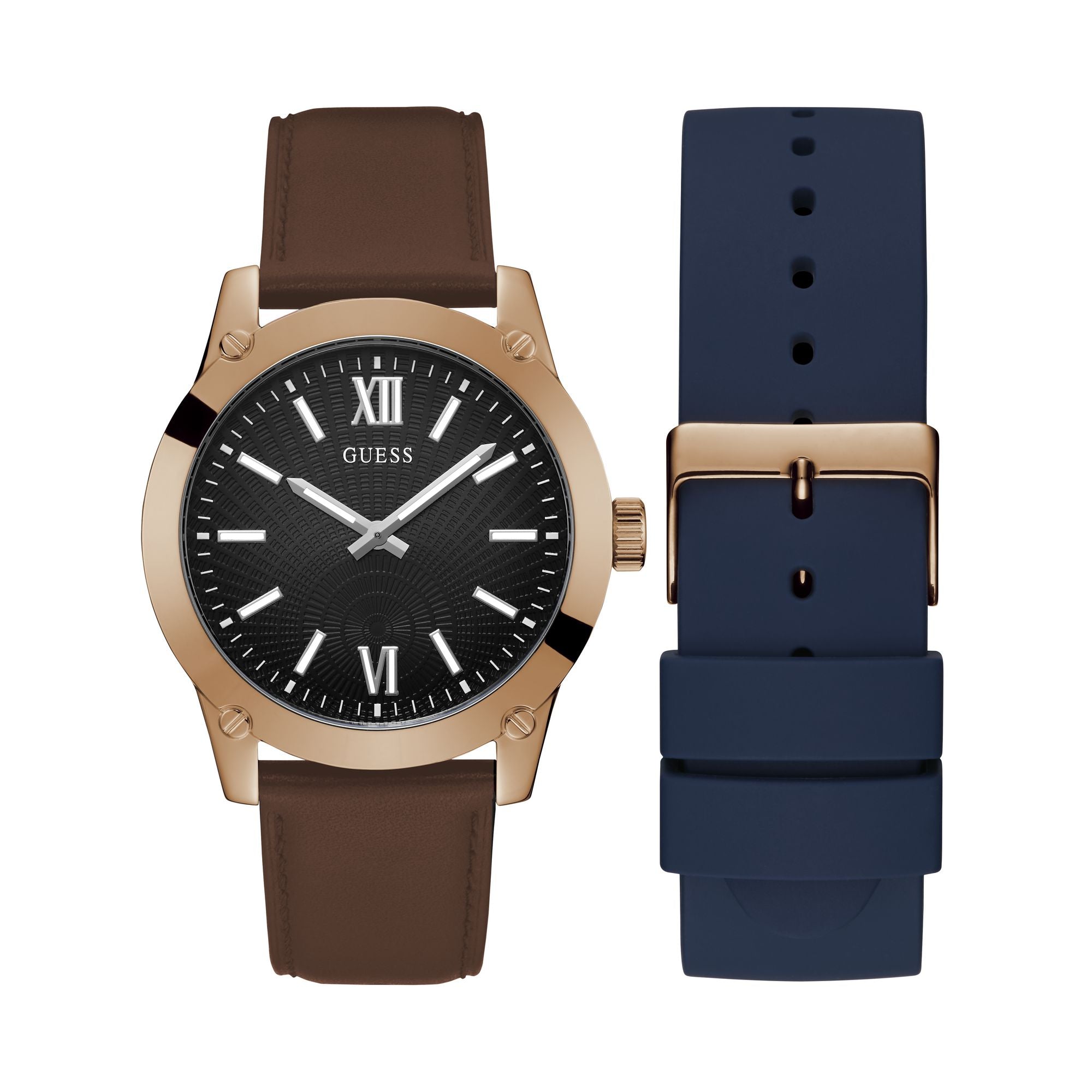 Guess Gbs Crescent Leather Blue Round Dial Quartz Analog Men Watch Watch Guess