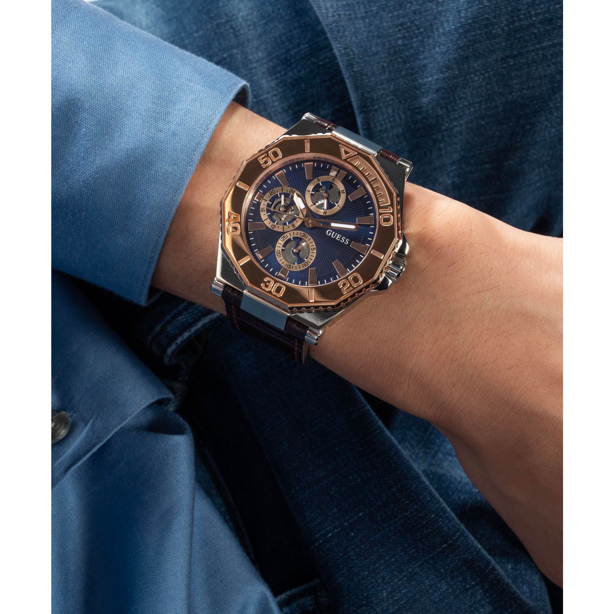 Guess Prime Leather Blue Round Dial Quartz Analog Men Watch