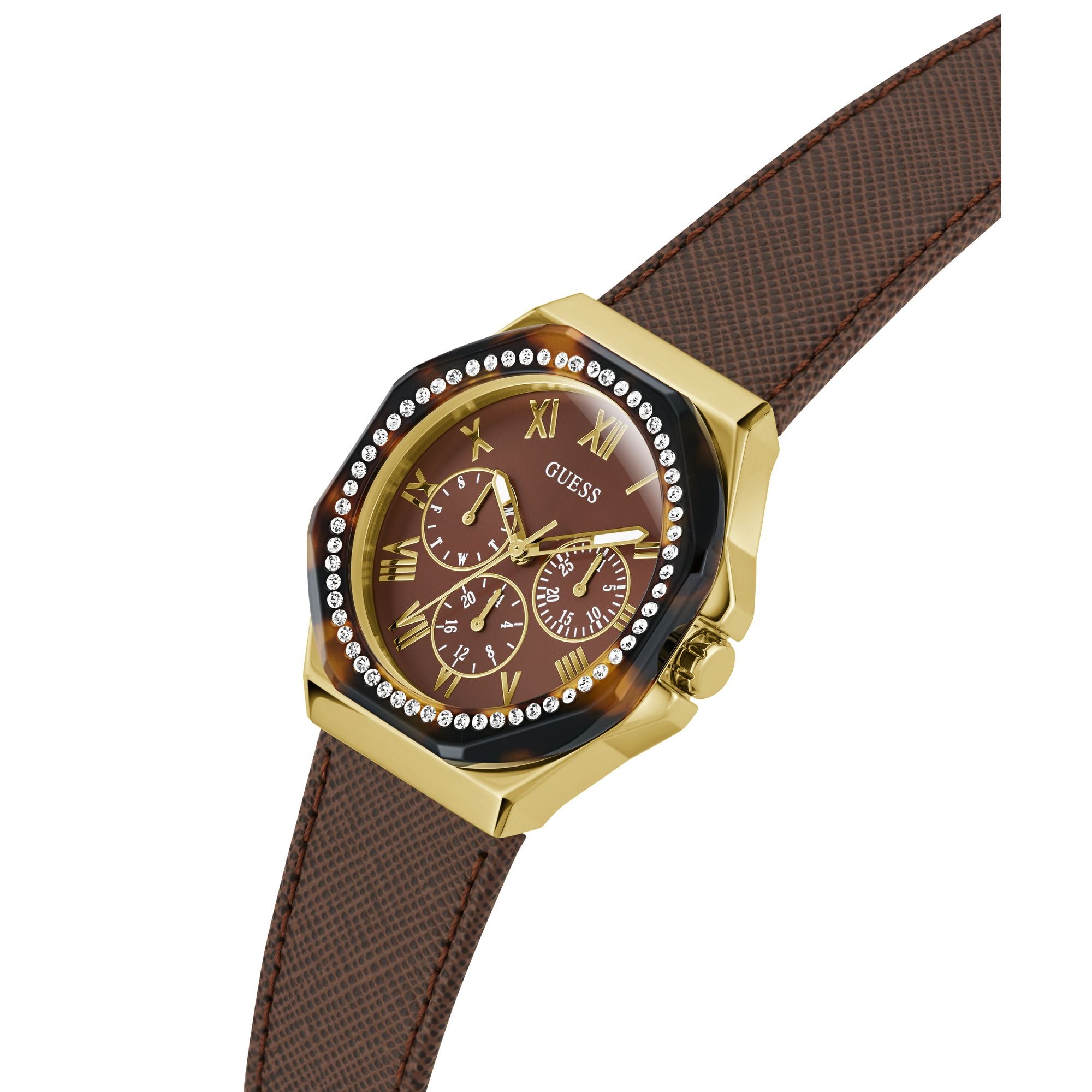Guess Glaze Leather Brown Octogonal Dial Quartz Analog Women Watch
