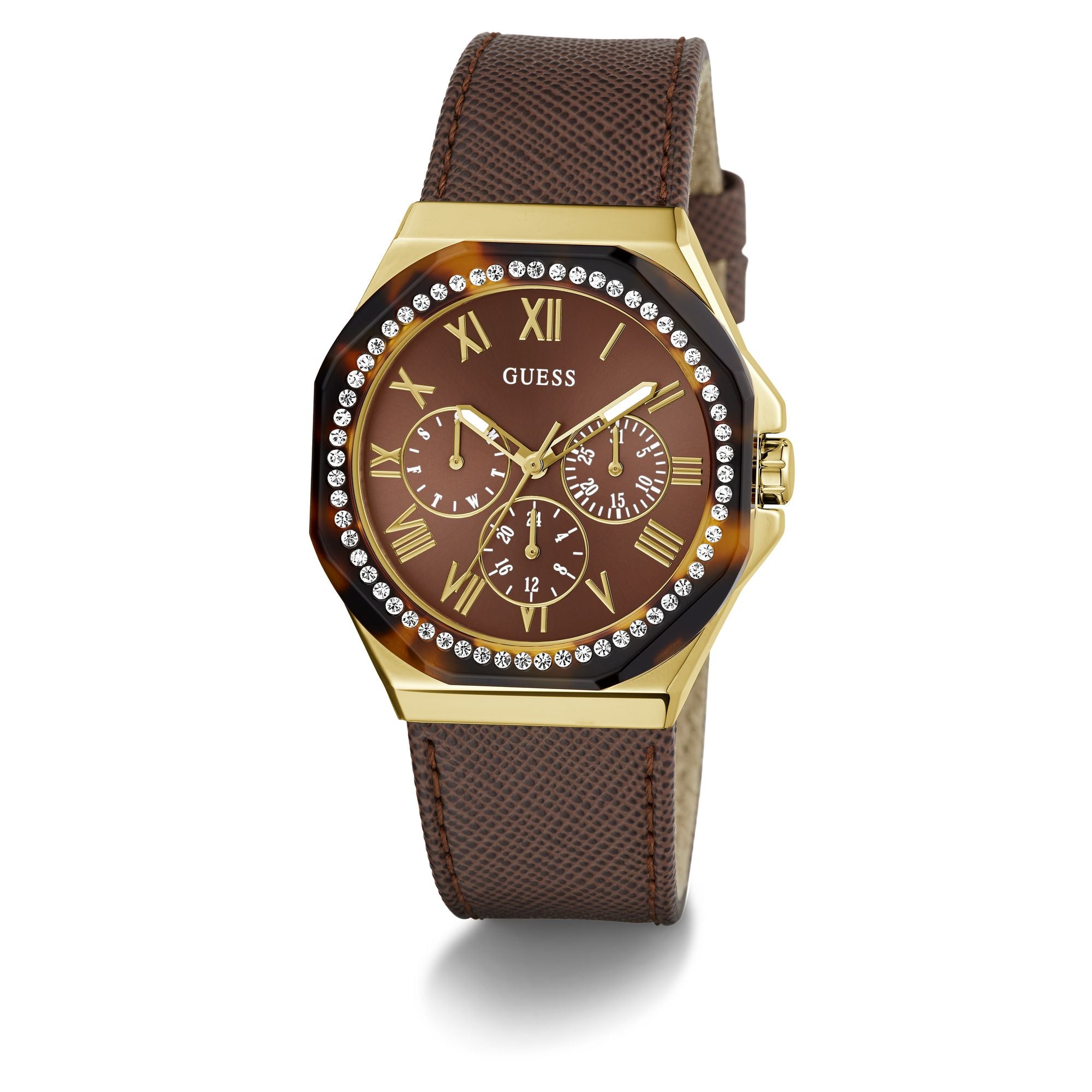 Guess Glaze Leather Brown Octogonal Dial Quartz Analog Women Watch