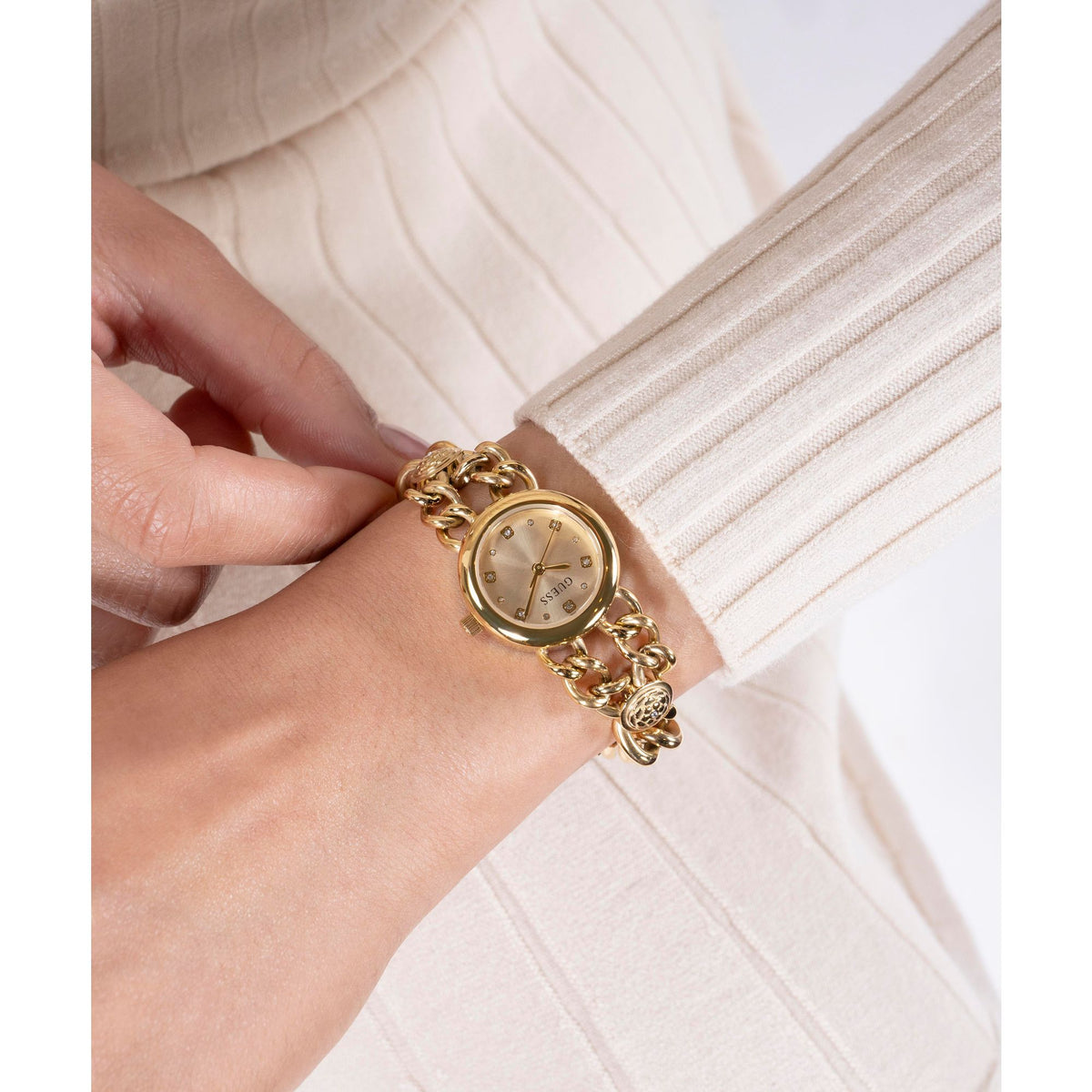 Guess Round 25mm Champagne Dial Analog Women Watch - GW0758L2