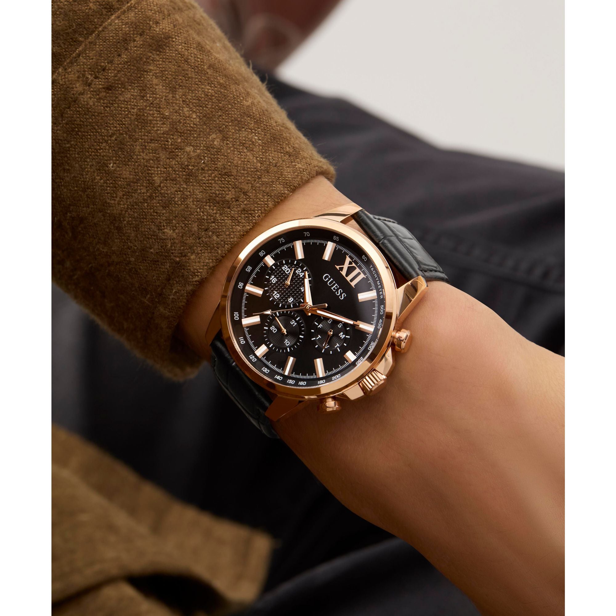 Guess Walker Leather Black Round Dial Quartz Analog Men Watch