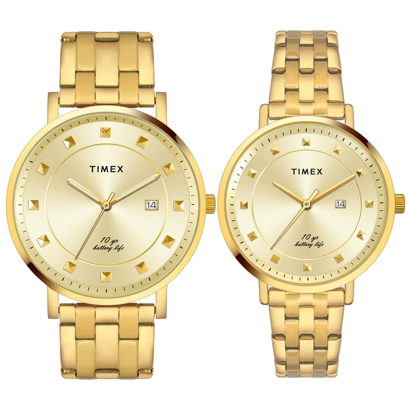 Timex Empera Round 41mm Champagne Dial Analog Pair Watch - TW00PR280 Watch Timex