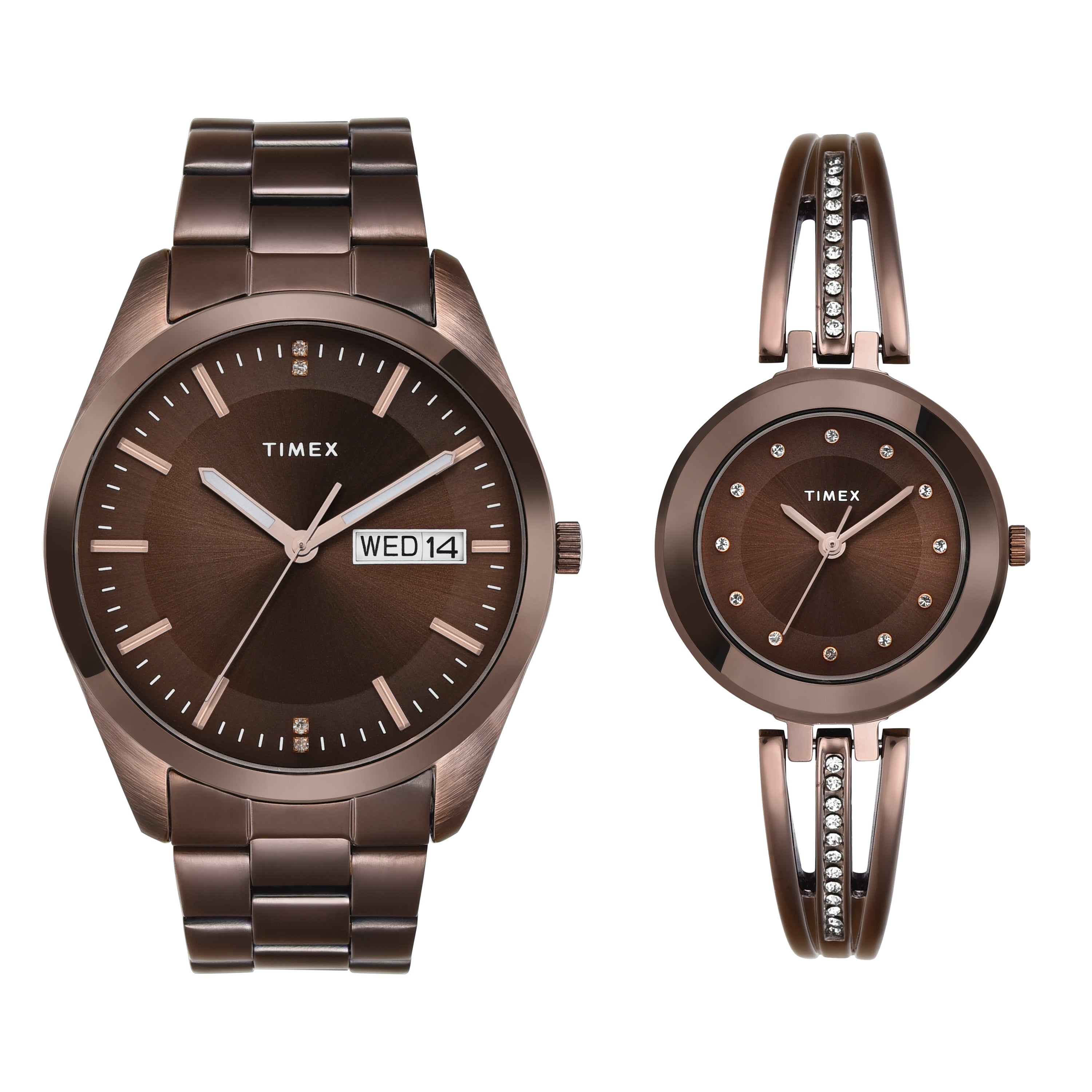 Timex Trendline Round 21mm Brown Dial Analog Pair Watch - TW00PR311