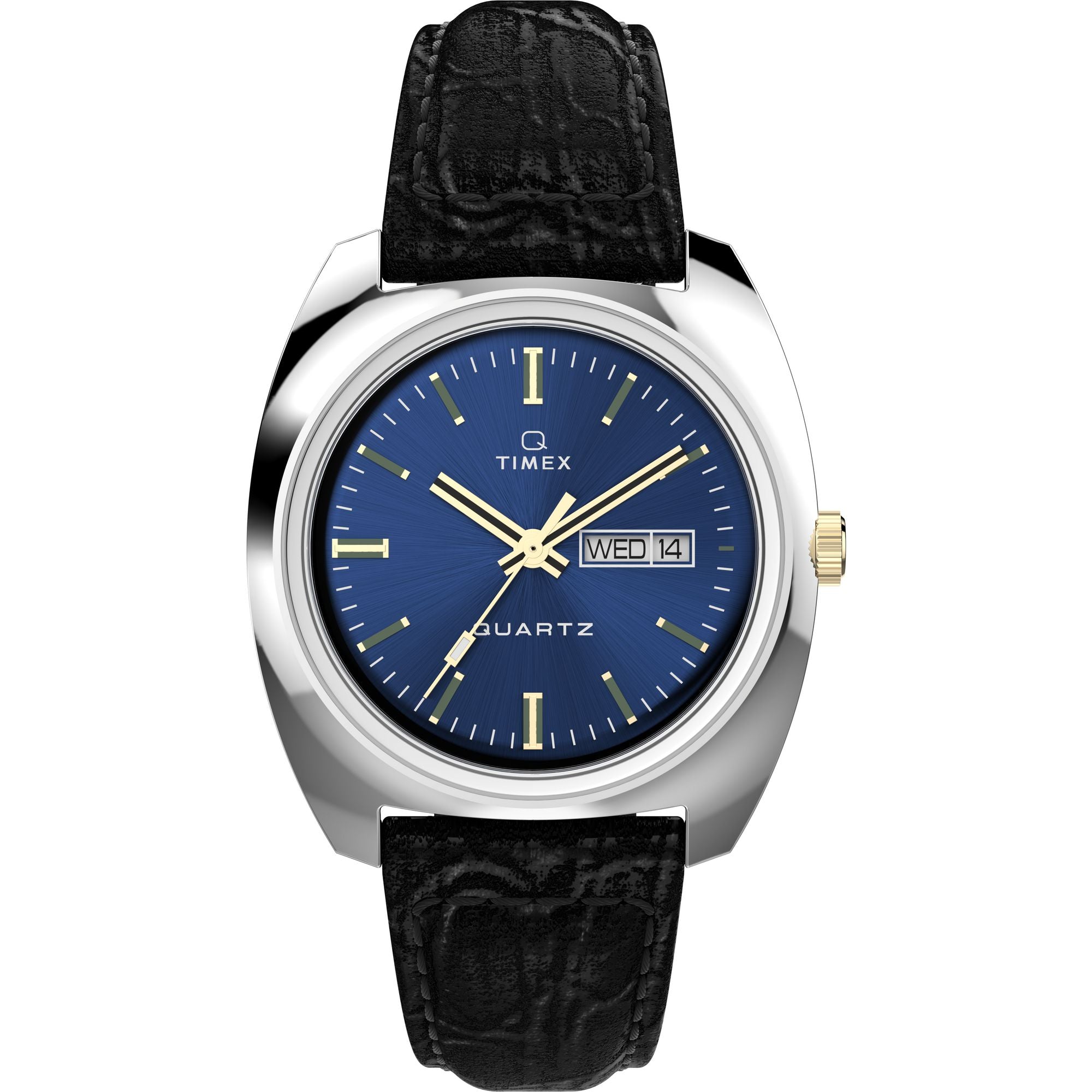 Q Timex Leather Blue Round Dial Quartz Analog Men Watch