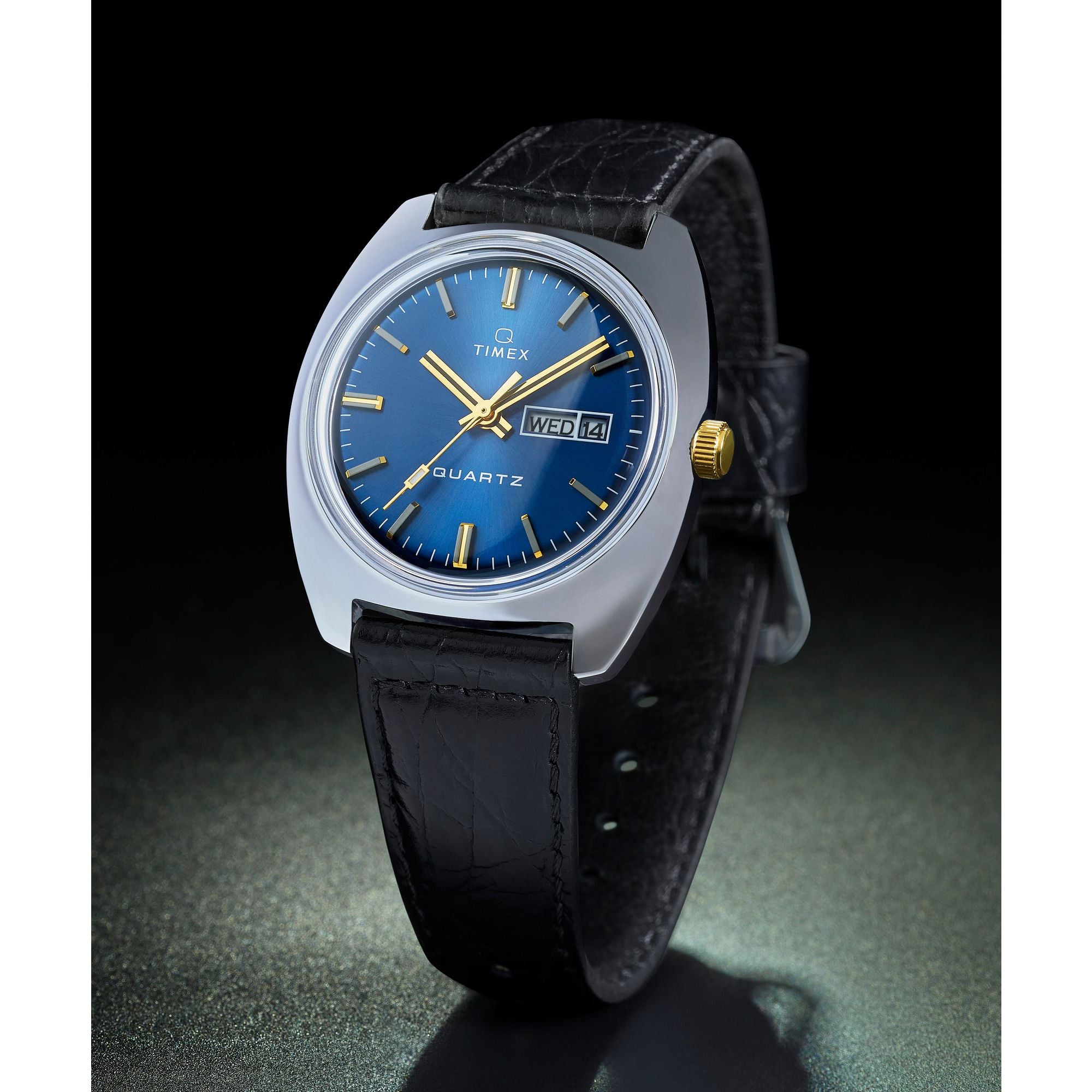 Q Timex Leather Blue Round Dial Quartz Analog Men Watch
