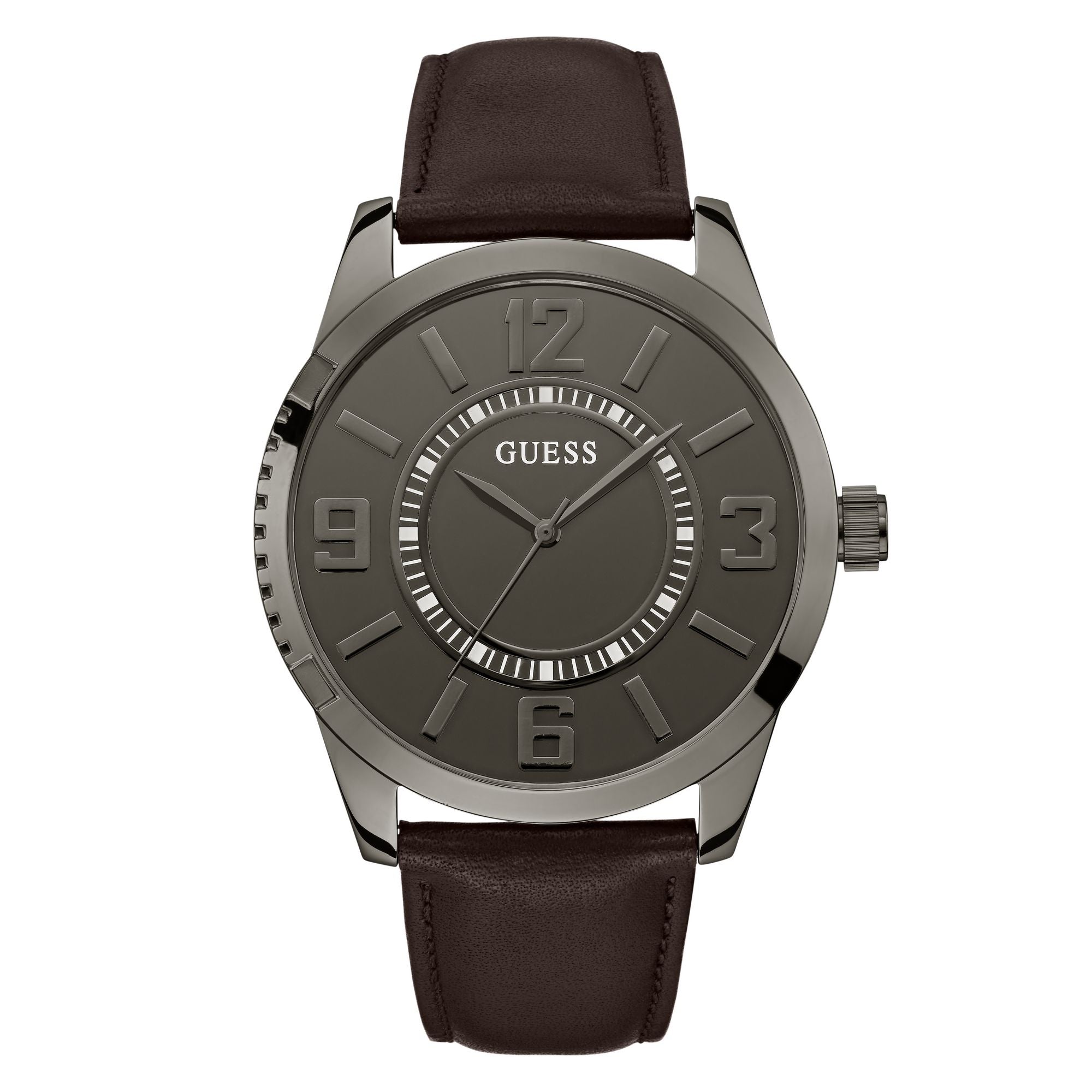 Guess Ft2 Leather Gunmetal Round Dial Quartz Analog Men Watch