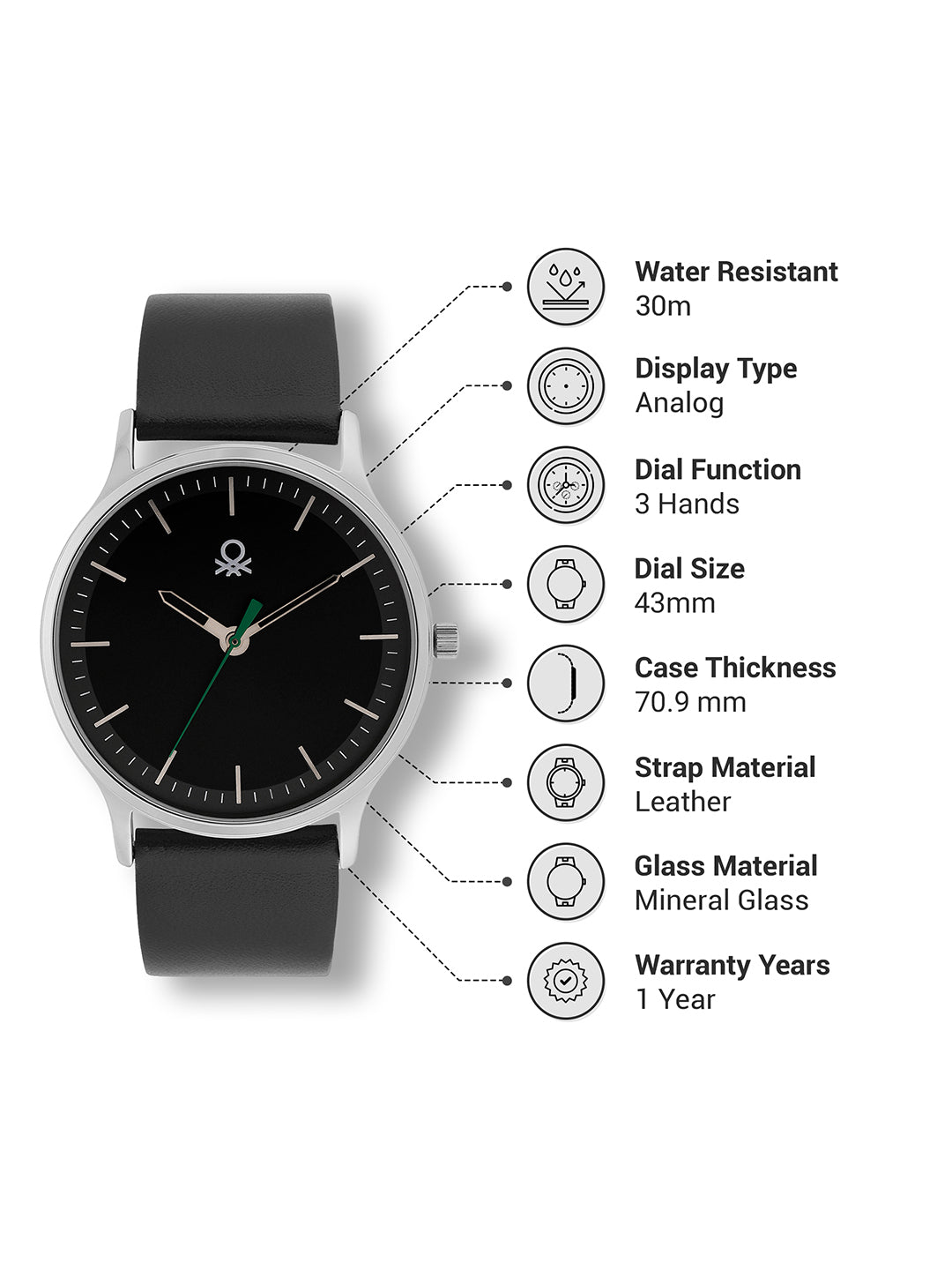 United Colors Of Benetton Iconic Leather Black Round Dial Analog Men Watch