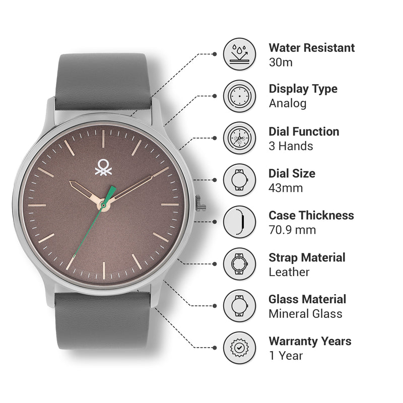 United Colors Of Benetton Leather Grey Round Dial Quartz Analog Men Watch Watch United Colors Of Benetton
