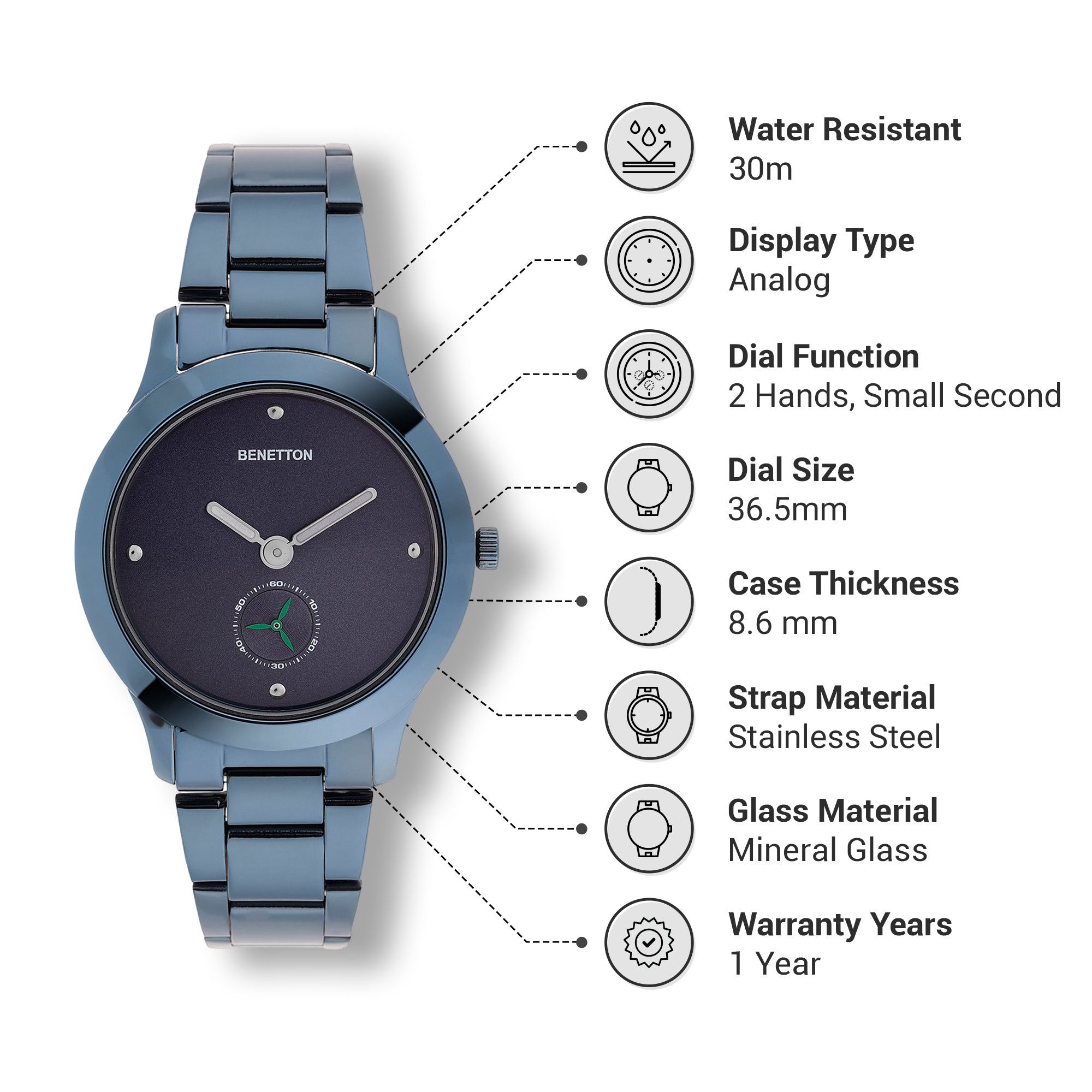 United Colors Of Benetton Blue Round Dial Quartz Analog Women Watch Watch United Colors Of Benetton