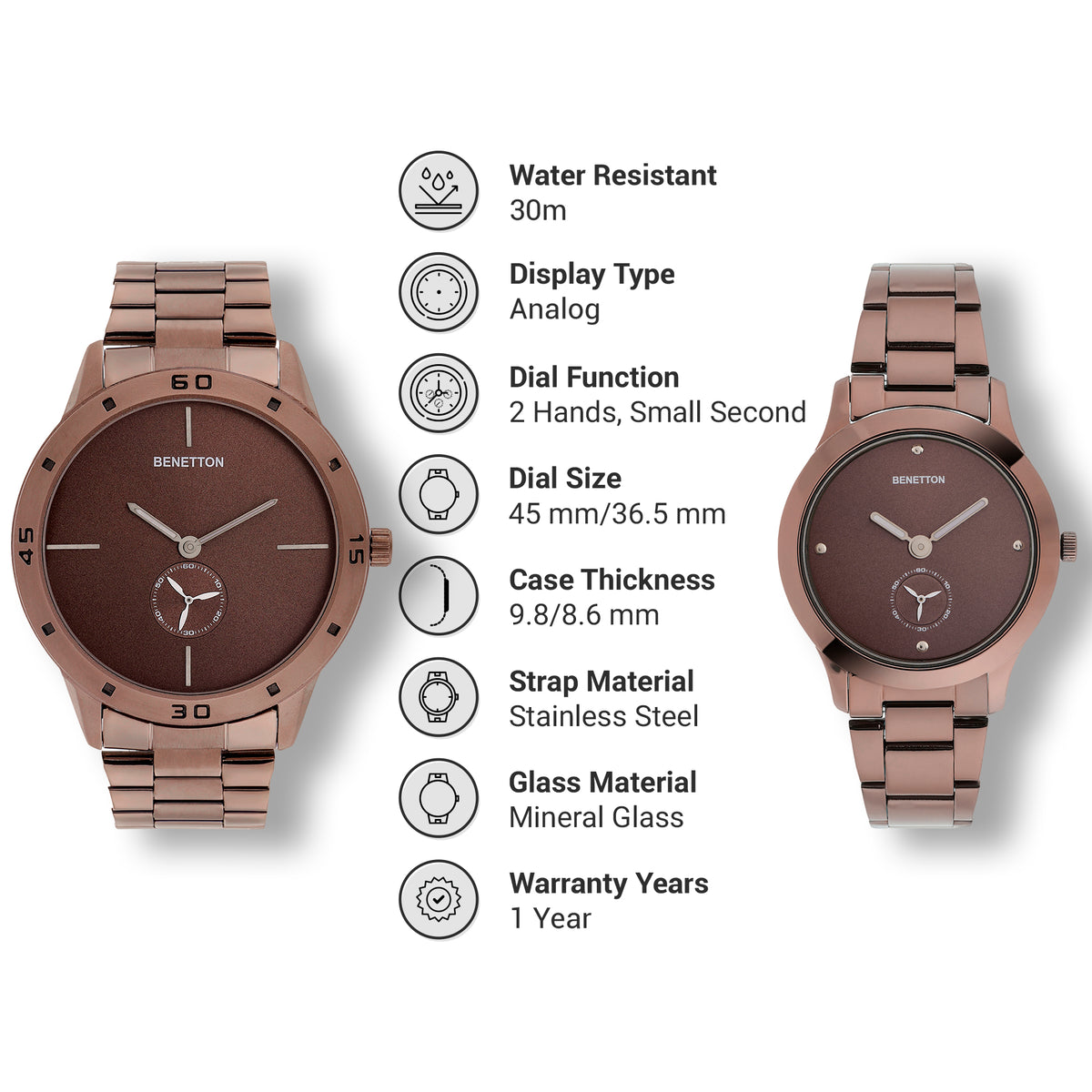 United Colors Of Benetton Brown Round Dial Quartz Analog Pair Watch Watch United Colors Of Benetton