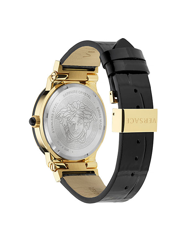 Versace Greca Logo Leather Black Round Dial Quartz Analog Unisex Watch Watch Versace