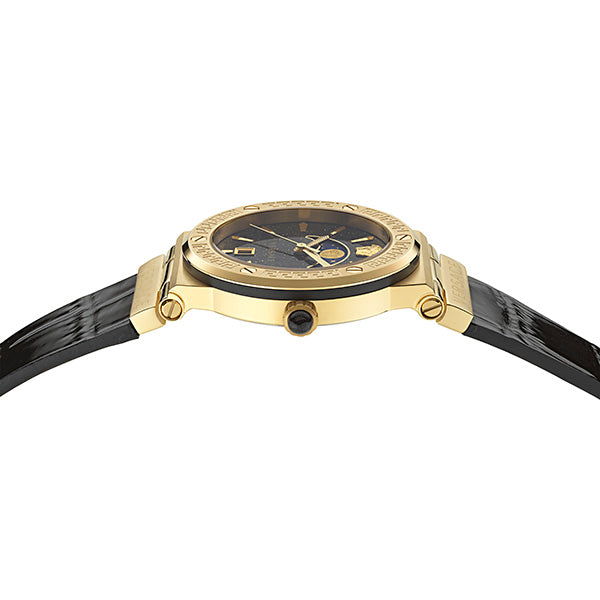 Versace Greca Logo Leather Black Round Dial Quartz Analog Unisex Watch Watch Versace