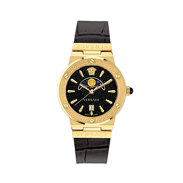 Versace Greca Logo Leather Black Round Dial Quartz Analog Unisex Watch Watch Versace