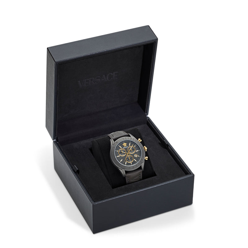 Versace Chrono Master Leather Grey Round Dial Quartz Analog Men Watch Watch Versace