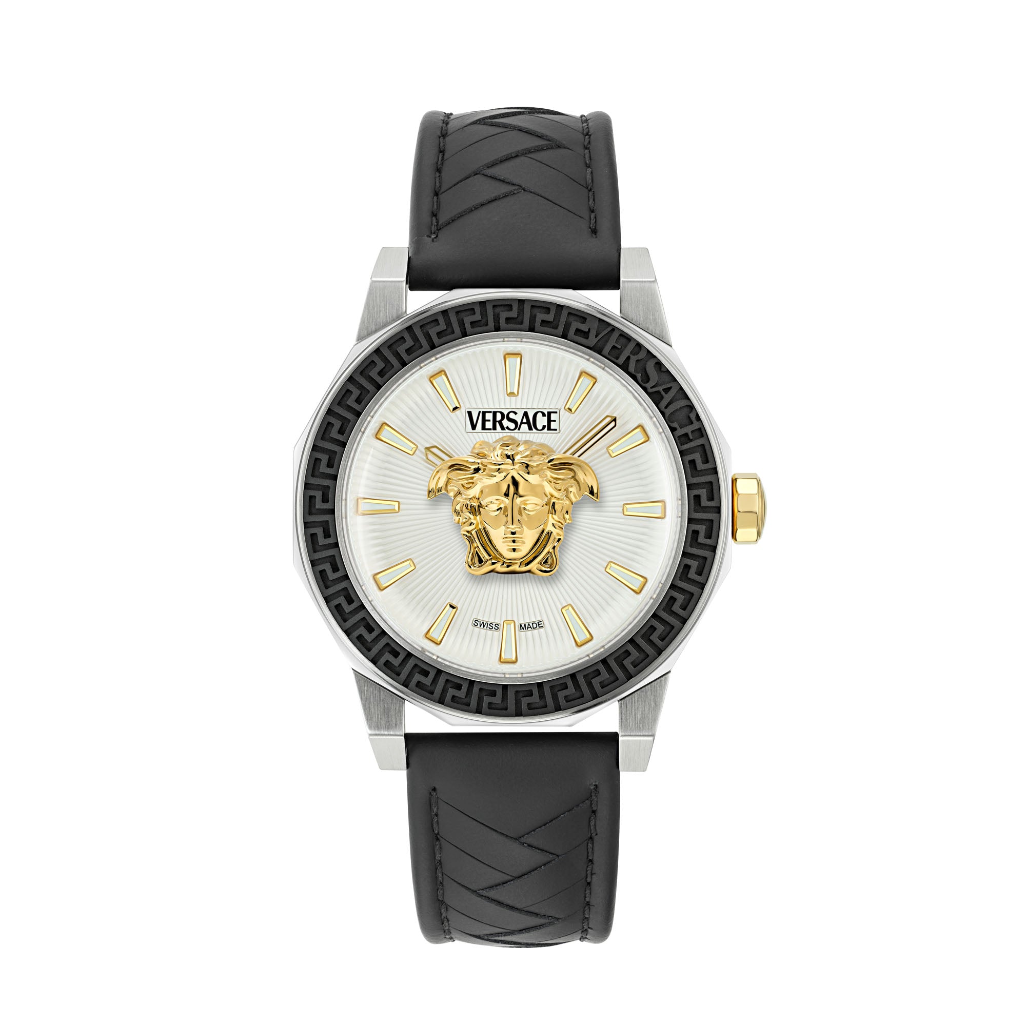 Versace Medusa Leather Silver Round Dial Quartz Analog Men Watch