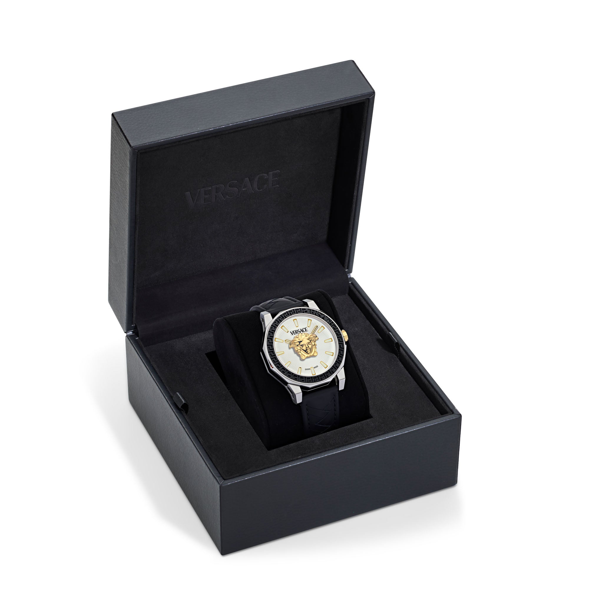 Versace Medusa Leather Silver Round Dial Quartz Analog Men Watch