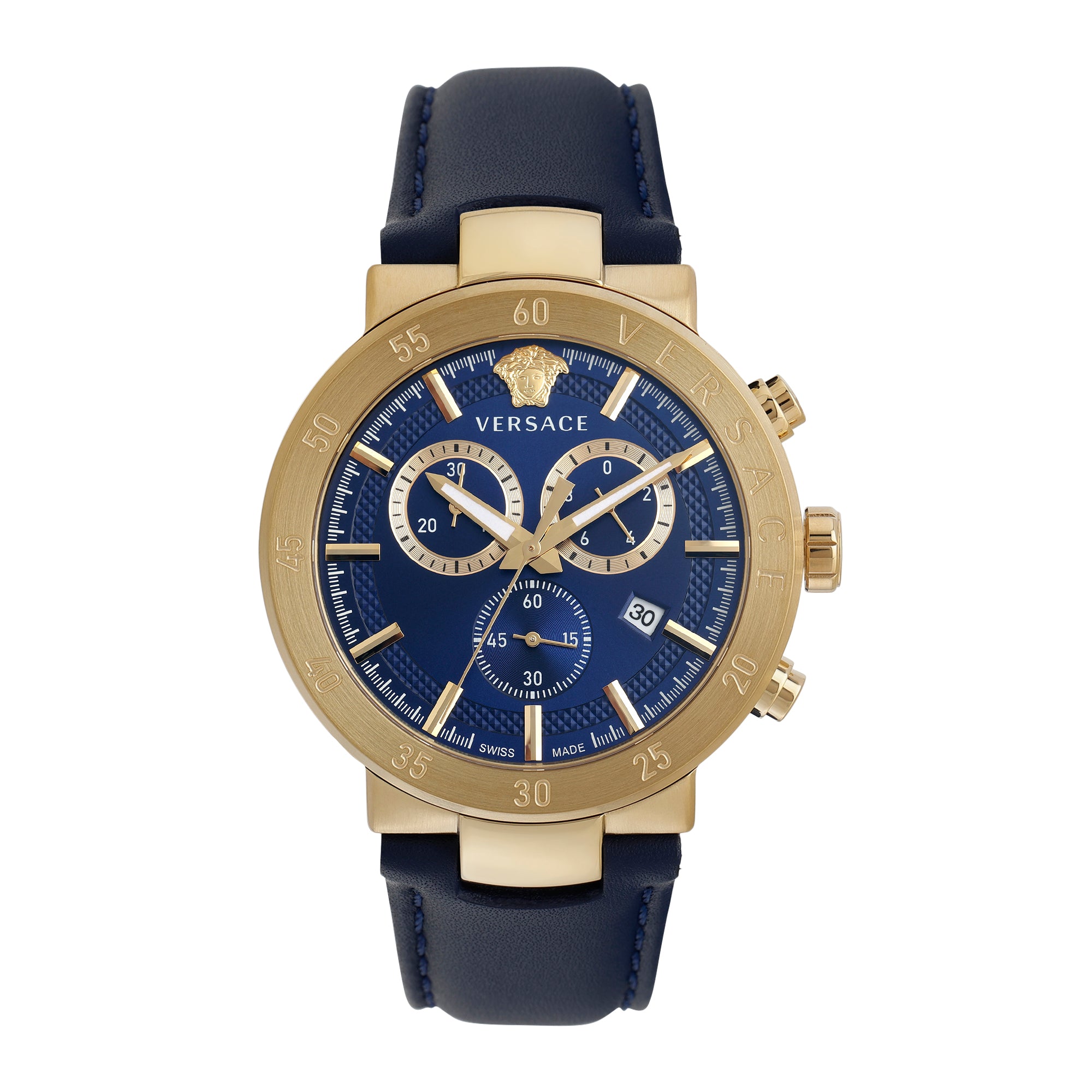 VERSACE アナログクォーツ腕時計 ブルーゴールド Versace Leather Blue Round Dial Quartz Analog Men Watch