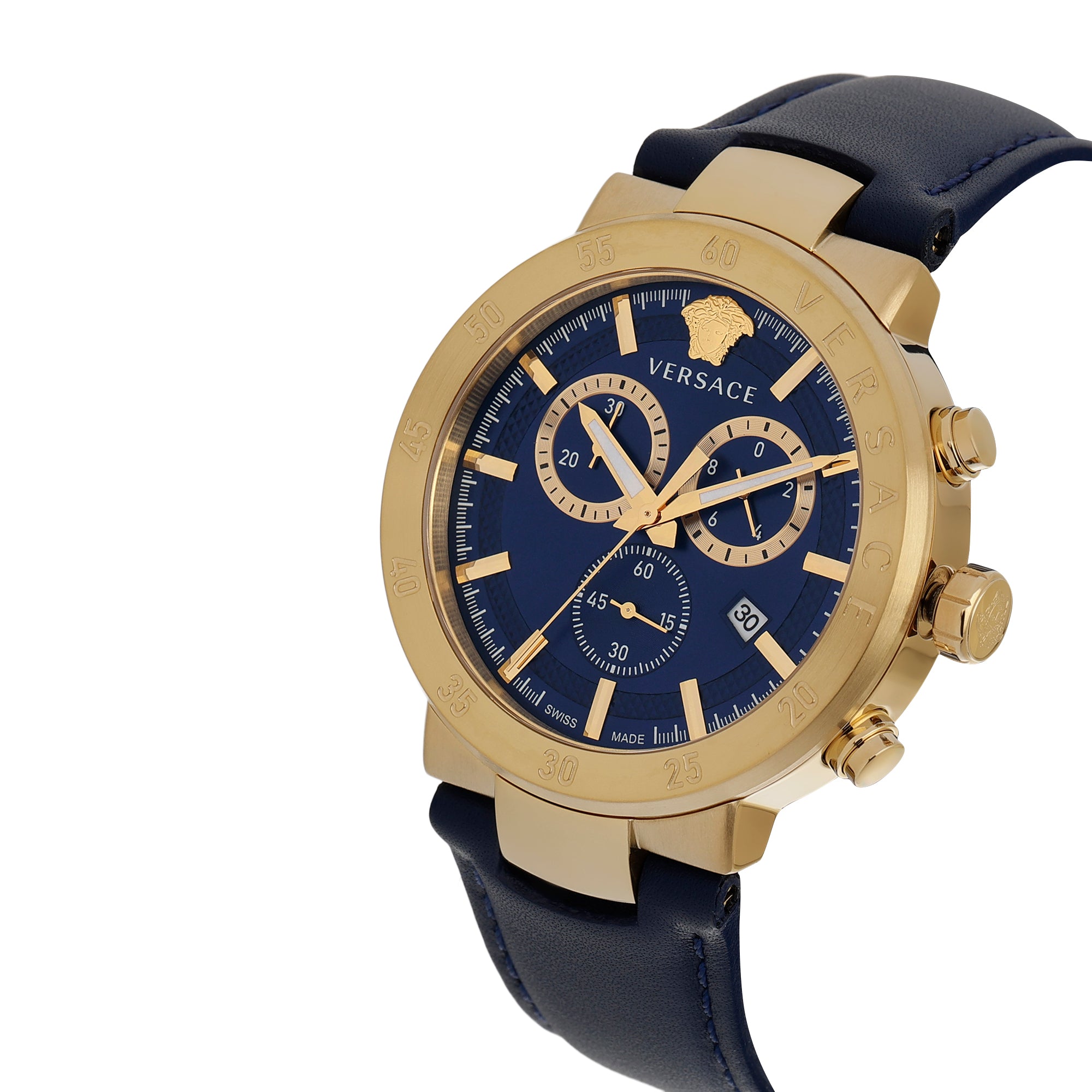 Versace Leather Blue Round Dial Quartz Analog Men Watch