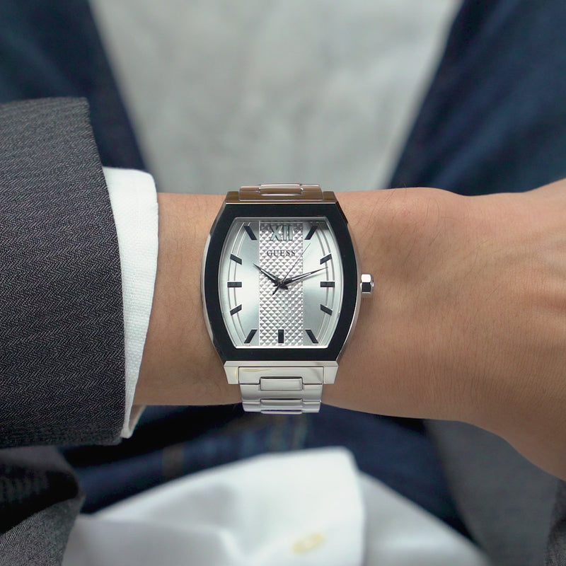 Guess Punctual Silver Tone Rectangle Dial Quartz Analog Men Watch Watch Guess