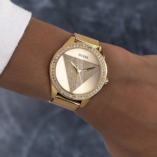 Guess Tri Glitz Gold Dial Round Case Analog Women Watch At JUST WATCHES