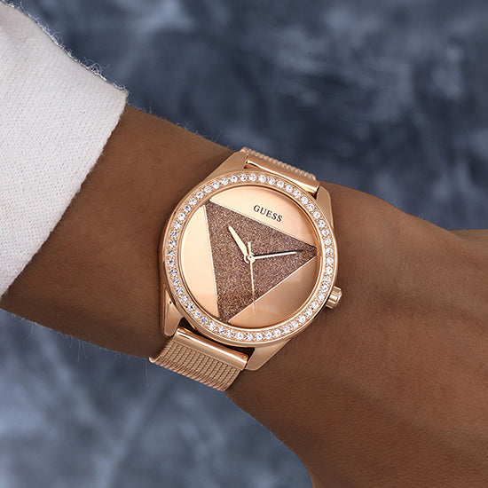 Guess Tri Glitz Rose Gold Dial Round Case Analog Women Watch At JUST WATCHES
